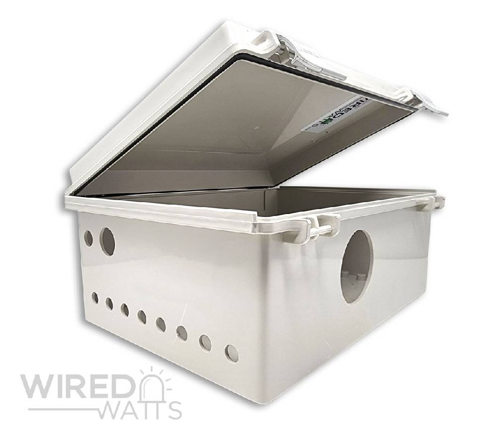 NBF-32022 by Bud Industries Weatherproof Enclosure Precision Cut 8 Pigtail Holes 1 RJ45 Holes With Vent